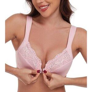 Exclare Women's Front Closure Lace Underwire Wide Shoulder Straps Bra Pink 36D